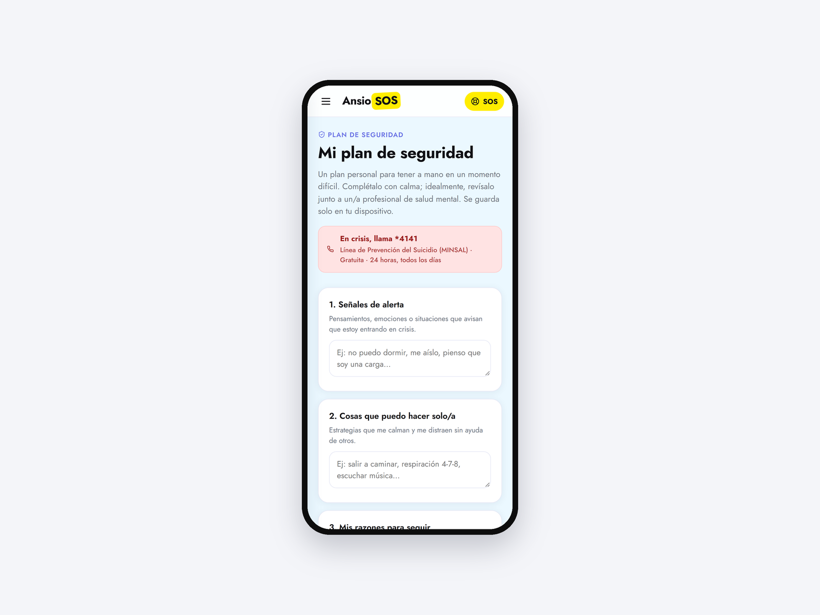 El plan de seguridad personal (sin datos, recién inicializado).