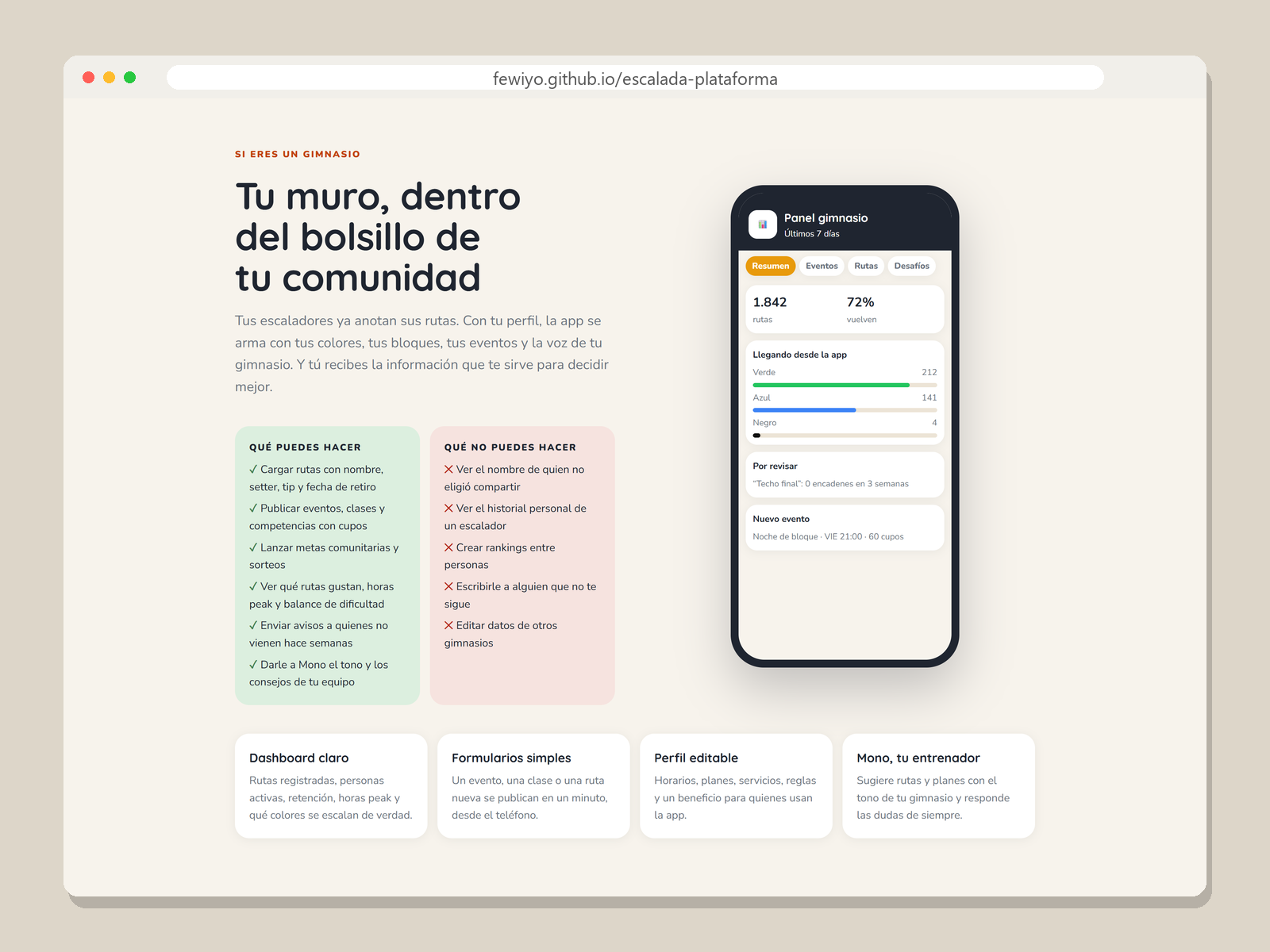 El sitio explica, por público, qué puede y qué no puede hacer cada uno. Aquí, la sección para gimnasios.