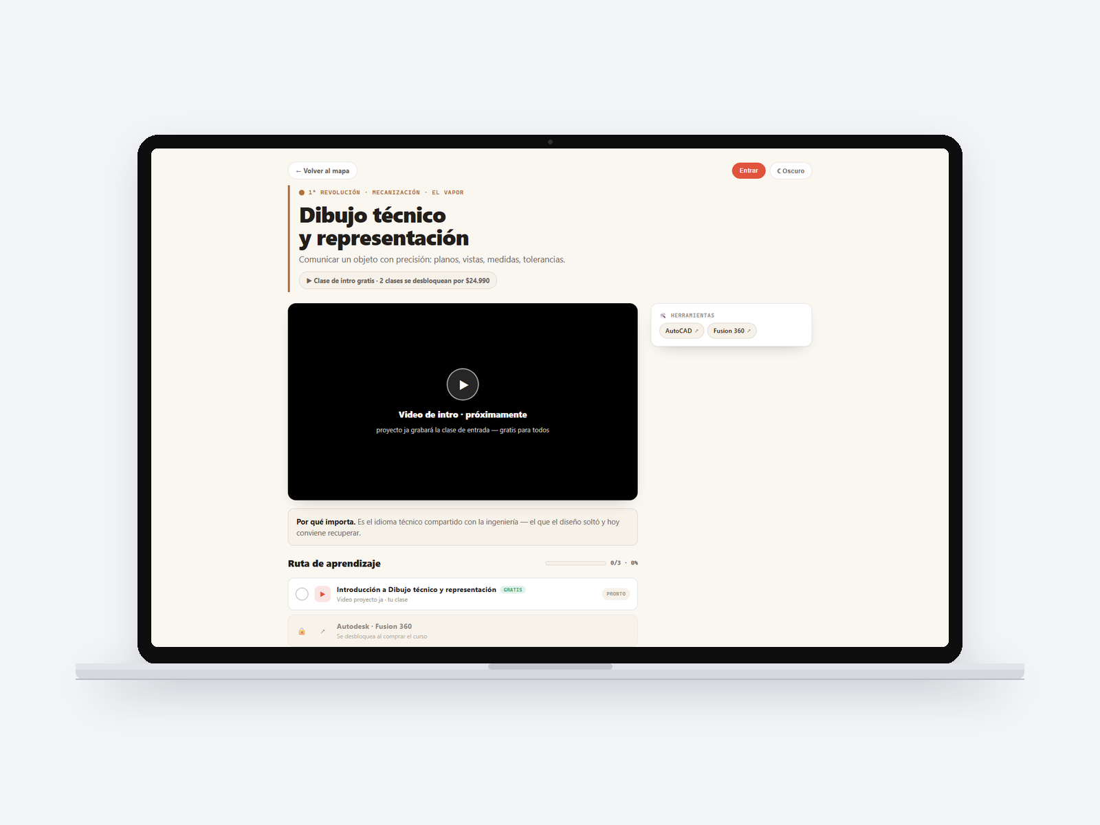 La ficha de un curso: ruta de aprendizaje, clase gratis y clases bloqueadas.