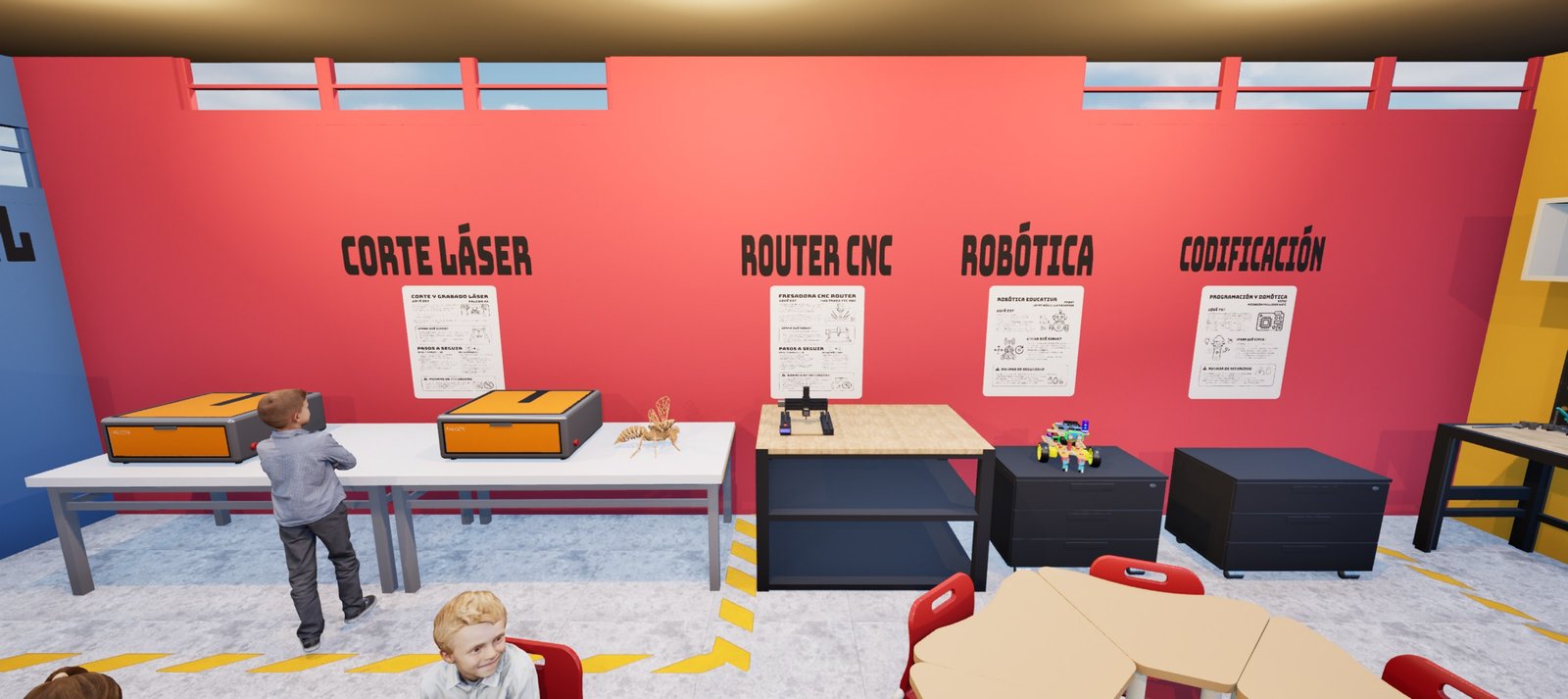 El muro de corte láser, router CNC, robótica y codificación.
