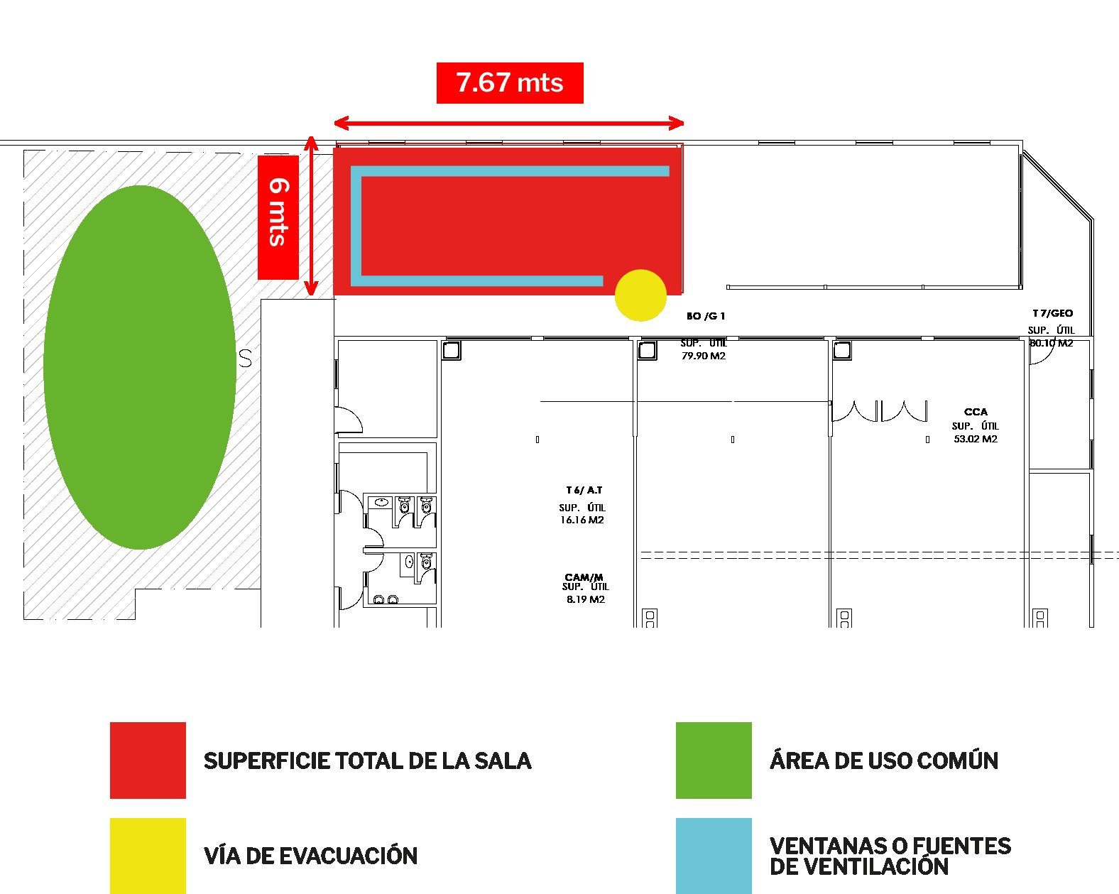 La sala, la vía de evacuación y el área de uso común.