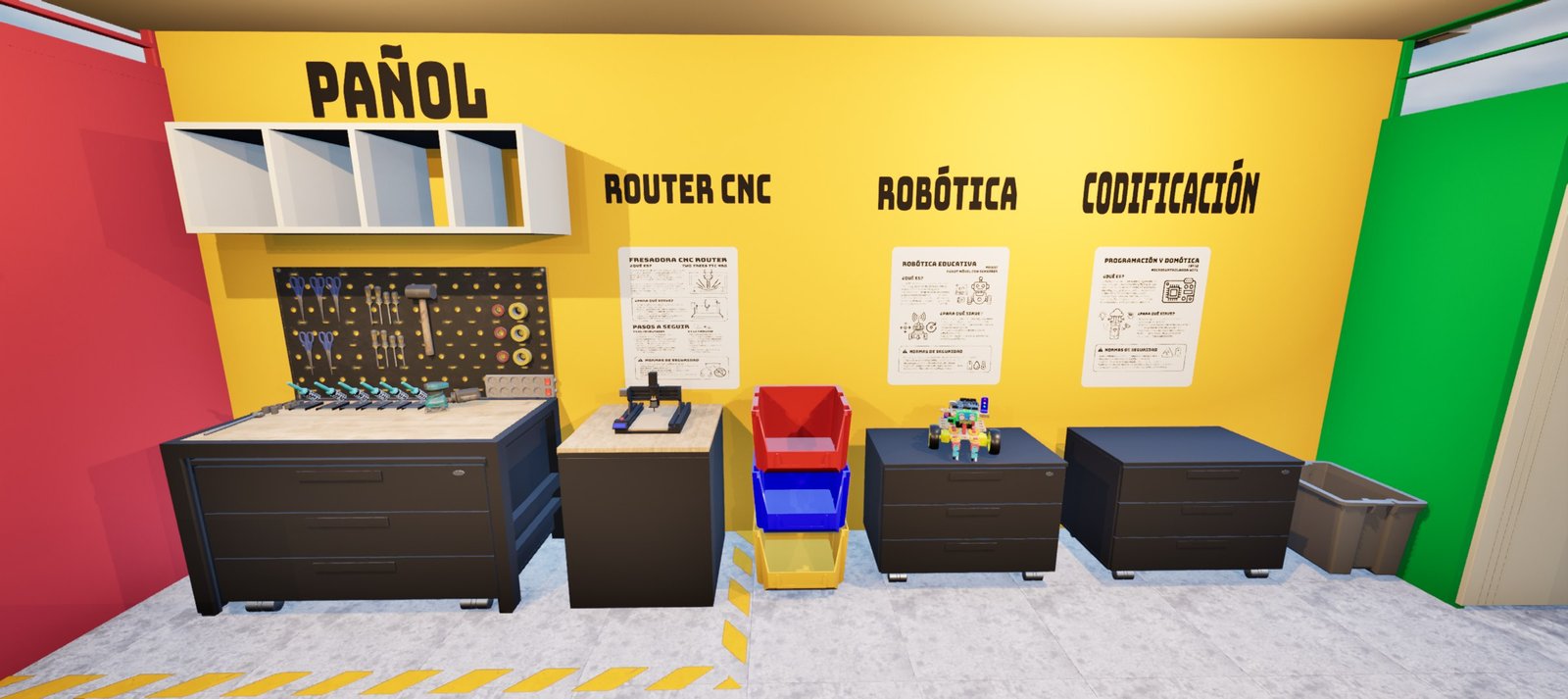 El muro del pañol, el router CNC, la robótica y la codificación.