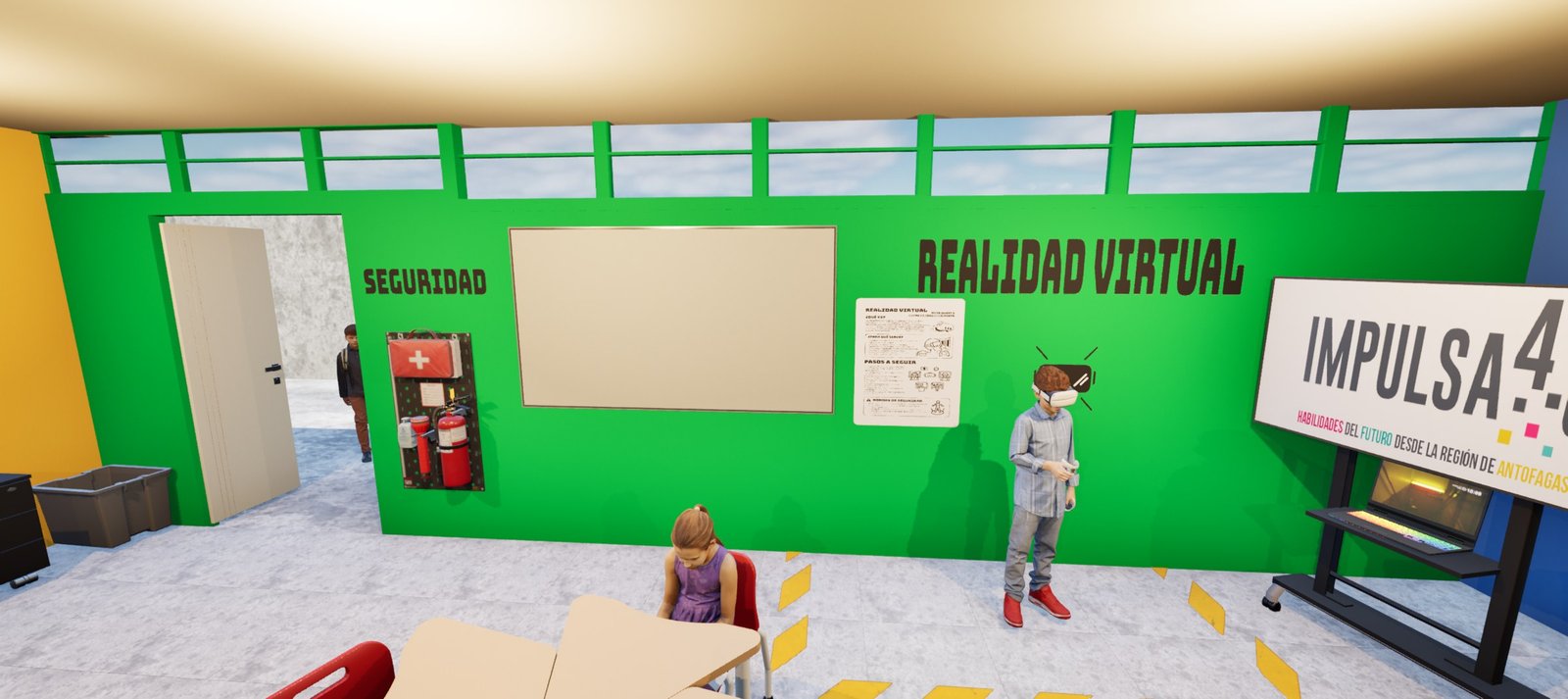 La zona de realidad virtual y la señalética de seguridad.