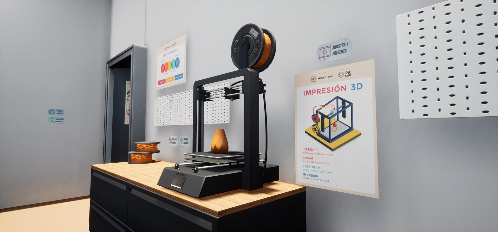 Zona de impresión 3D con su material de apoyo en el muro.